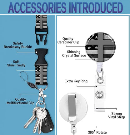 ID Badge Holder with Retractable Lanyard and Keychain, Badge Reel with Rotate Carabiner Clip,Black White American Flag Cross Card Name Tag Lanyard ID Protector Bage Clips for Student, Women, Office