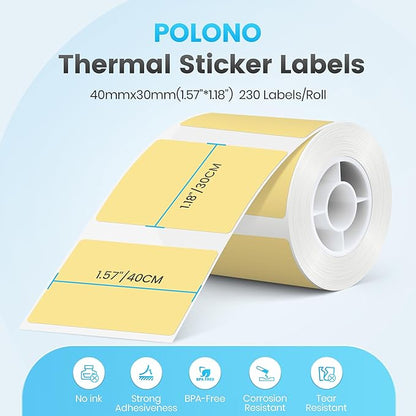 POLONO Genuine Thermal Labels for PM220S Label Makers, 1.57"x1.18" (40x30mm) Thermal Label, Waterproof, Multi-Purpose Self-Adhesive Labels for Small Bussiness, Office, School, 230 Labels/Roll (Yellow)