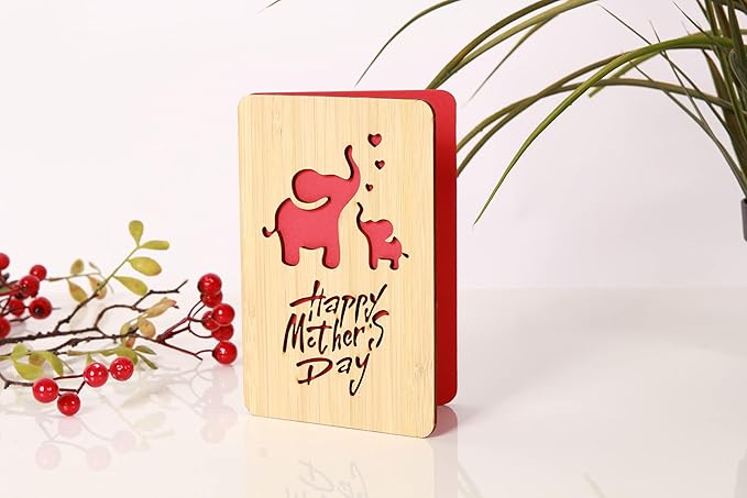 Mothers Day Cards,Handmade Bamboo Greeting Cards,Wooden Thankyou Card,Wooden Birthday Card for Mom,Mum Birthday Gift,Elephant pattern