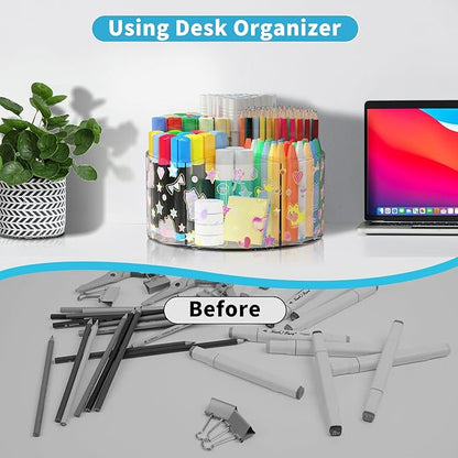 Acrylic Pen Holder with 2 Adhesive DIY Stickers, Desk Organizer Marker Holder with Cute Sticker, 360 Degree Office Supply Organizer Clear Pencil Holder Kid Art Supply Storage Organizer 6 Compartments
