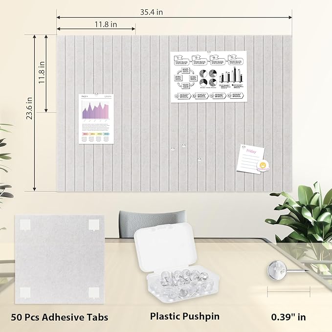 Smarpau 48"x36" Felt Bulletin Boards Felt Wall Tiles with Slat Wall Paneling 12 Pack Large Corkboard Cork Bulletin with Removable Adhesive Tabs Cork Tiles for Office Home Classroom Light Camel