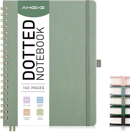 AHGXG Bullet Dotted Journal Spiral Notebook, Large B5 Dotted Notebook 140 Pages, Leather Hardcover, 100 GSM Thick Dot Grid Paper, Inner Pocket, for Bullet Journaling, 7.6" x 10", Sage Green