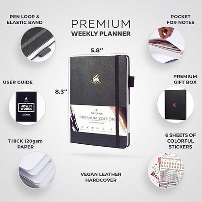 Clever Fox Planner Premium Edition – Undated Luxurious Weekly & Monthly Planner to Increase Productivity and Hit Your Goals – Organizer – Start Anytime, A5, Lasts 1 Year, Silver Black (Weekly)
