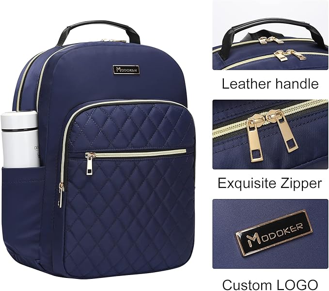 Modoker 15.6 Inch Laptop Backpack for Women, Quilted Work Backpack for Women Bookbag Teacher Backpack, Travel Backpack with USB Charging Port, Backpack Purse for Women Nurse, Blue