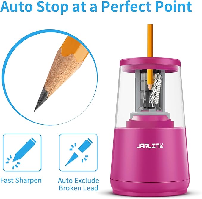 JARLINK Electric Pencil Sharpener, Heavy-Duty Helical Blade to Fast Sharpen, Auto Stop for No.2/Colored Pencils(6-8mm), USB/Battery Operated in School Classroom/Office/Home (Purple)