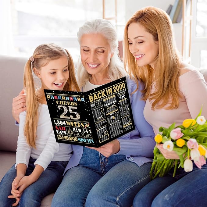 25th Birthday Card, 25th Birthday Decorations for Her Him, 25th Birthday Gifts for Daughter Son, Back in 2000 Birthday Card, Black Gold