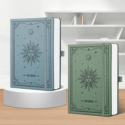 EMSHOI A5 Hardcover Leather Journal - 320 Pages, 100GSM Thick Notebook Lined Journal for Writing Women & Men, College Ruled, Sun Design- GrayBlue (5.75" x 8.38")