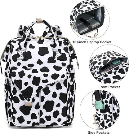 Cow Print Laptop Backpack College School Backpack Bookbags Nurse Backpacks Travel Bags Casual Daypacks for Women Girls Fits 15.6 Inch Notebook