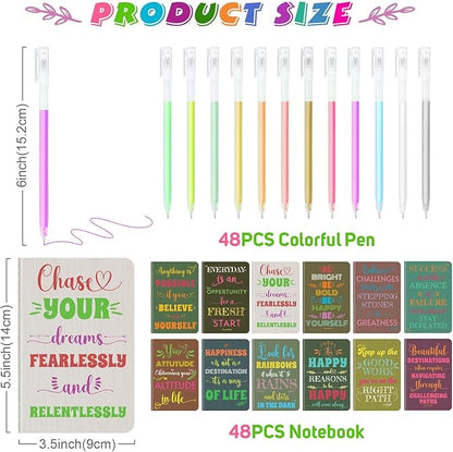 48 Pcs Mini Inspirational Notebooks Bulk with 48 Pcs Colorful Pens, Small Pocket Journal Notepads Set, Motivational Bulk Gifts for Women Men Teacher Student Kids, Fun School Office Supplies,3.5"x5.5"