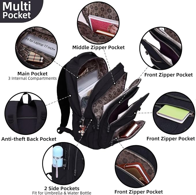 Casual Lightweight Travel Laptop Backpacks Water Resistant Large Nylon Backpack for Men Women Hiking Camping Cycling Packback Daypack, Fits 15.6 Inch Laptop and Notebook - Black