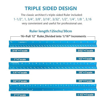 Architectural Scale Ruler, Imperial Measurements 12'', Laser-Etched Aluminum Architect Triangular Ruler for Architects, Students, Draftsman, and Engineers(Blue)