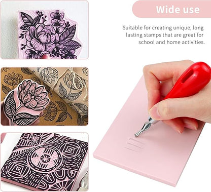 4 Pack Rubber Block Stamp Carving Blocks with Cutter Tools and Rubber Brayer Roller for Printmaking and More Crafts