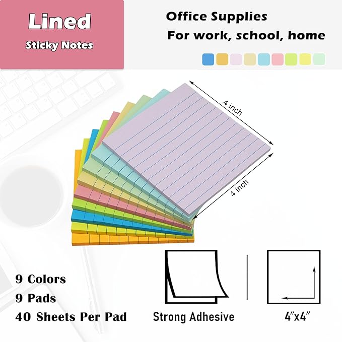 9 Pads Lined Sticky Notes 4x4 in Post, 9 Multi Colors Super Sticking Power Memo Pads, Strong Adhesive, 4x4 Sticky Notes Large Eeay for Office, School, Home Use