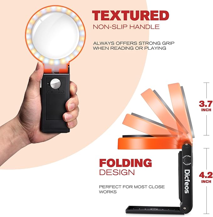 30X 40X Magnifying Glass with Light and Stand, Non-Rechargeable, Folding Design 32 LED Illuminated for Close Work, Handheld Large Glasses Reading, Powered by Battery or USB