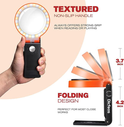 30X 40X Magnifying Glass with Light and Stand, Non-Rechargeable, Folding Design 32 LED Illuminated for Close Work, Handheld Large Glasses Reading, Powered by Battery or USB