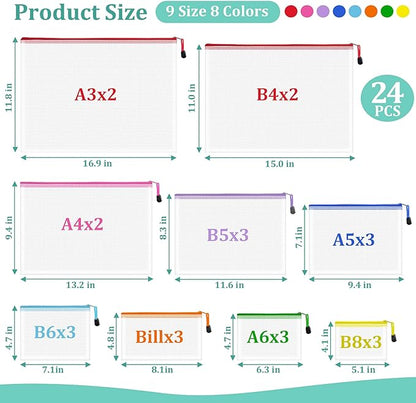24pcs Mesh Waterproof Pouch Bags, 9 Sizes Clear Pouches, Organizer Bags With Zipper, 8 Colors for Travel & Toy Storage