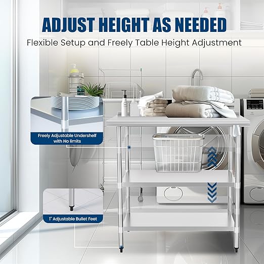 Stainless Steel Table 24 x 36 Inches Metal Prep Table with 2 Adjustable Undershelves & Backsplash, Stainless Steel Work Table for Commercial Kitchen, Outdoor, Restaurant, Hotel & Garage