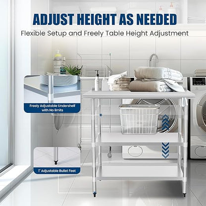 Stainless Steel Table 24 x 36 Inches Metal Prep Table with 2 Adjustable Undershelves & Backsplash, Stainless Steel Work Table for Commercial Kitchen, Outdoor, Restaurant, Hotel & Garage