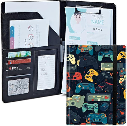 Gaming Controllersca Padfolio Folder with Clipboard,Portfolios Organizer Clipboards with Storage Clipboard Writing Pad PU Leather Conference Document Organizer with Business Card Holder