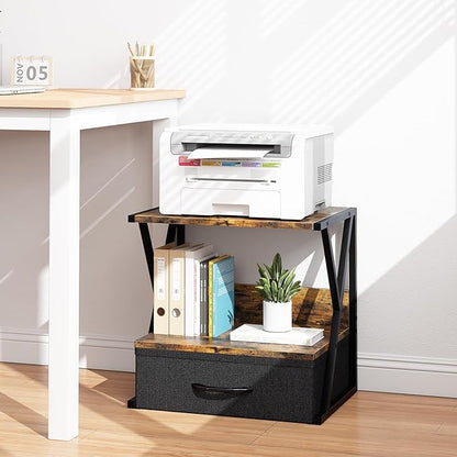 aboxoo Printer Stand For Desk With Storage Drawer, 2 Tier Desktop Or Under Desk Shelf, Multi-Purpose Desk Organizer For Home Office, fit Fax Machine/3D Printer/Scanner, Rustic Brown
