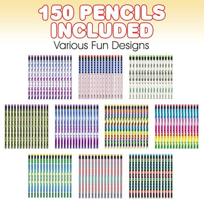 ArtCreativity 150 PC Pencil Assortment for Kids, Fun Assorted Number 2 Pencils, Bulk Wooden Writing Pencils with Erasers, Teacher Supplies for Classroom, Student Reward, Stationery Party Favors