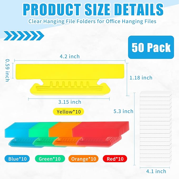 50 Pieces 4 Inch Hanging File Folder Tabs and Inserts Large Clear Plastic Hanging Folder Tabs for Filing Cabinet Folders Labels Back to School Supplies Assorted Colors (50)