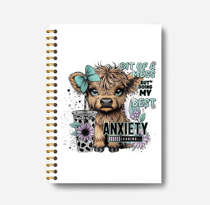 Bit of a Mess Anxiety Funny Highland Cow Notebook - Western Cow Notebook, Highland Cow Office Supplies, Highland Cow Gifts, Cow Lover Gifts, Cute Cow Stuff, Cow Spiral Notebook 5.5x8.3
