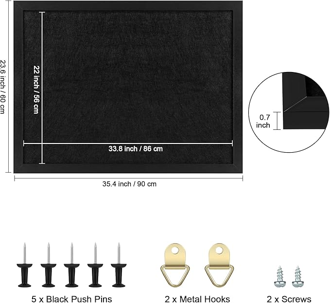 TORASO Cork Board Bulletin Board, 23.5" X 35.5" Cork Boards for Walls with Pins, Eye Bolts, gaskets, Screws, Pin Board for Office, School and Home (BK,60x90cm,2p