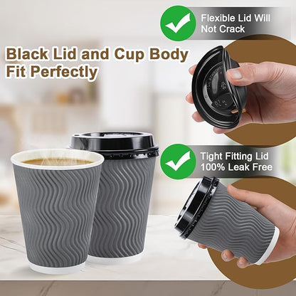 100 Pack 12 oz Disposable Coffee Cups with Lids, Insulated Ripple Wall To-Go Paper Coffee Cups Suitable for Chocolate Cocoa and Hot/Cold Drinks (Grey)