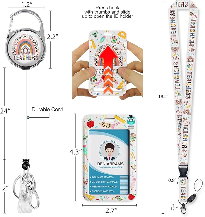 Teacher Lanyards for Id Badges, Rainbow Teachers Badge Holder with Retractable Reel Clip, Adjustable Breakaway Name Tag Lanyard Vertical ID Card Protector Case for Nurse Nursing Doctor Student