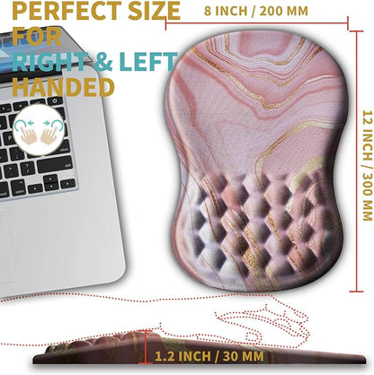 Hokafenle Ergonomic Mouse Pad Wrist Support with Massage Design, Wrist Rest Pain Relief Mousepad with Memory Foam&Non-Slip PU Base, Mouse Pads for Wireless Mouse & Desk (12x8 inch,Pink Gold Marble)
