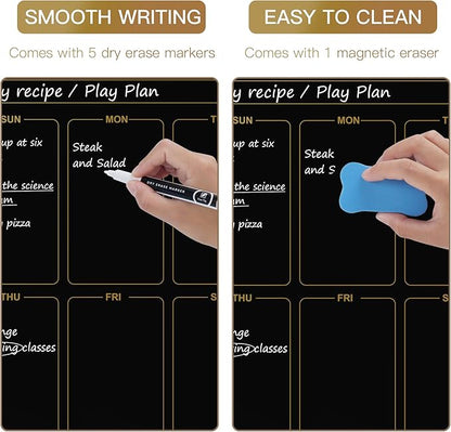 SELEAD Magnetic Glass Planning Board for Small Apartment - 18”x18” Dry Erase Whiteboard Weekly Planner Wall Calendar, Message Memo TODO Board for Home Kitchen, Black&Gold