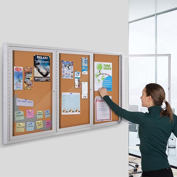 SWANCROWN Weather Resistant Enclosed Bulletin Board Cork Displays Case Wall Mounted Notice Cabinet with Three Lockable Doors, 70x36 inches