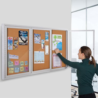 SWANCROWN Weather Resistant Enclosed Bulletin Board Cork Displays Case Wall Mounted Notice Cabinet with Three Lockable Doors, 70x36 inches