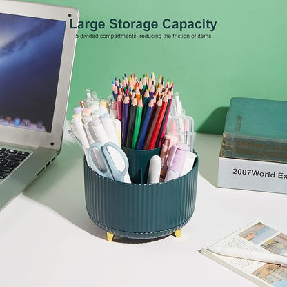 360 Degree Rotatable Pen Holder, 5 Slots Office Desk Organizer, Pencil Holder for Desk Multi-Functional Pencil Cup Desktop Stationary Organizer Storage for Office School Home Dark Green