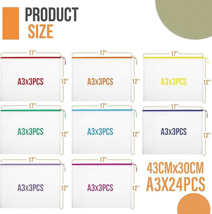 24pcs Mesh Zipper Pouch File Bags Puzzle Storage Bags, A3 17x12 Inches Large Reusable Zipper Pouches for Organizing Classroom Board Game Organization