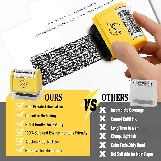 Miseyo Wide Identity Theft Protection Roller Stamp Set - Yellow (3 Refill Ink Included)
