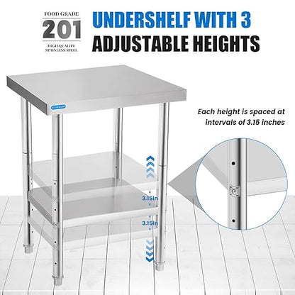 Stainless Steel Table for Prep & Work with Undershelf 18 x 24 Inches NSF Metal Commercial Kitchen Prep Table with Adjustable Under Shelf Worktable for Restaurant Home Outdoor