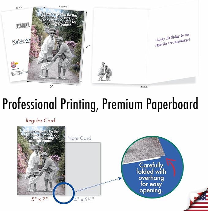 NobleWorks - 1 Funny Happy Birthday Greeting Card - Old Woman Humor, Notecard Talk Bubbles - Old Troublemakers C3567BDG