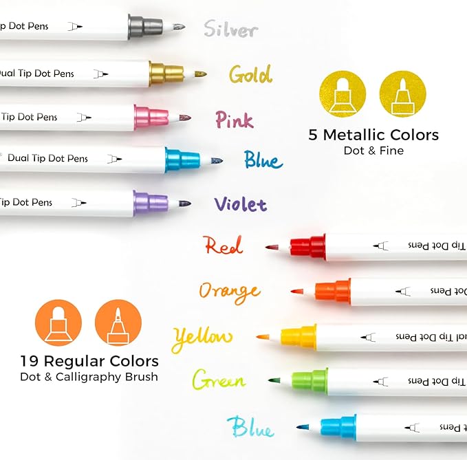 Ohuhu Journal Pens 24 Colors Dot Markers Pens Dual Tips (Calligraphy Brush & Dot) for Adults Water-based Metallic & Regular Colors Dot Pens for Lettering Journal Scrapbooking Coloring Markers - Kumimi
