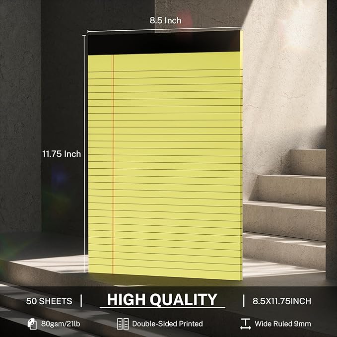 Thick Yellow Legal Pads 8.5 x 11 Wide Ruled Note Pads Yellow Notepad 50 Sheets per Pads, Perforated Paper Study Back Writing Pads 8-1/2" x 11-3/4" Lined Paper for Home, Office, School, Pack of 3
