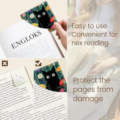 Cute Black Cat Floral Corner Bookmarks, Funny Leather Book Accessories for Book Lovers, 3 Pcs Reading Book Page Markers for Women Men Student Teacher Girls Boys Kids Retirement Birthday Gifts