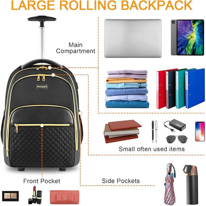 Rolling Backpack Carry On Luggage For Adults With Wheels, 40L Wheeled Backpack For Women, Travel Roller Backpack, Rolling Bag, Black Gold
