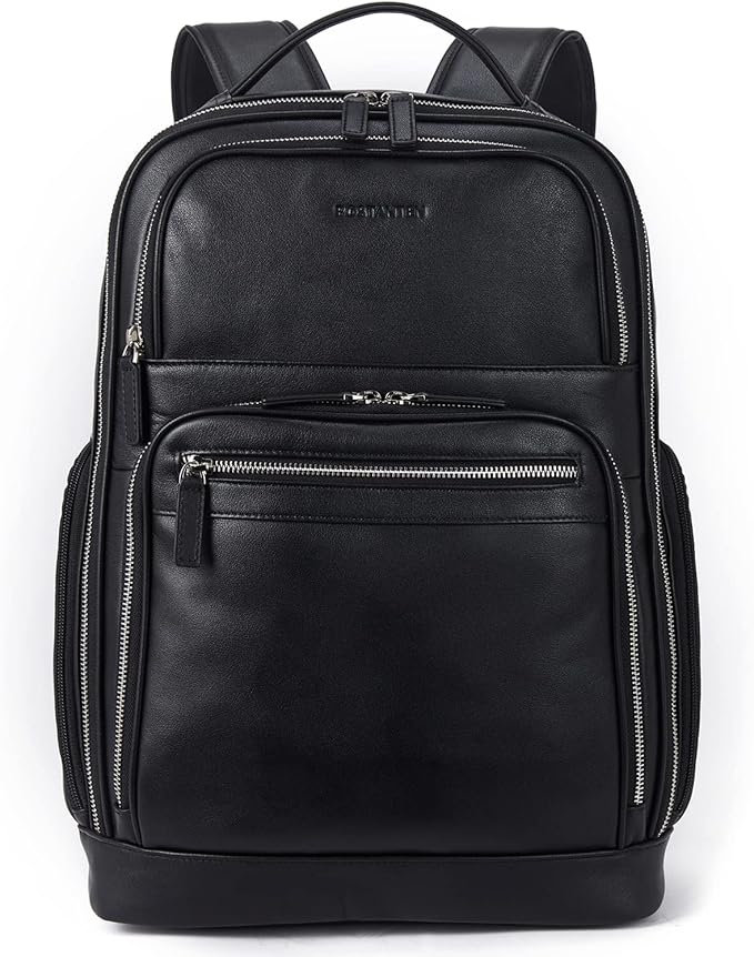 BOSTANTEN Leather Backpacks College 15.6” Laptop Travel Computer Shoulder Backpack For Men Black