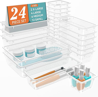 24-Piece Drawer Organizer Set, 4 Sizes Clear Plastic Makeup Vanity Organizer, Minimalist Style, Transparent