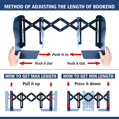 2PCS Adjustable Bookends, Metal Book Ends for Heavy Book, 2 Dividers, Nonslip Book Stander for Desk, Shelf, Office, Stationery Gift, Extends up to 19 inches (Blue)