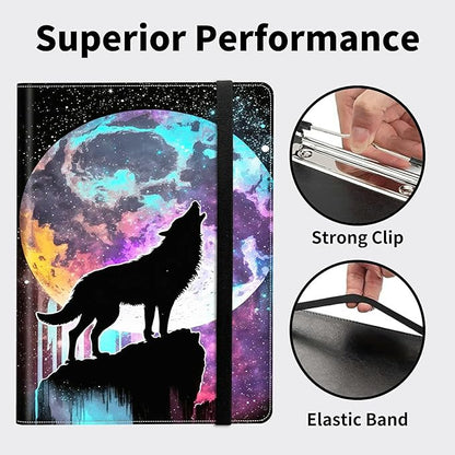 Padfolio Folder with Clipboard,Portfolios Organizer Clipboards with Storage Clipboard Writing Pad PU Leather Conference Document Organizer with Business Card Holder,Moon Wolf