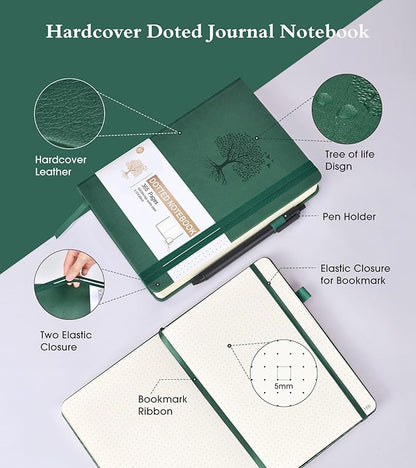 Dotted Journal Notebook, 360 Numbered Pages Bullet Dot Grid Journal,100gsm Dot Paper Thick Hardcover Leather Journal for Writing Women Men, A5 Dotted Grid Notebooks for Work 5.75" x 8.38" Green