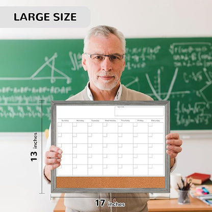 Monthly Whiteboard Calendar & Corkboard for Wall, Magnetic 17"x13" Dry Erase Board with Gray Wood Framed, 2in1 White Board Cork Board Combo, Calendar Bulletin Board for Kitchen Planner Memo Office