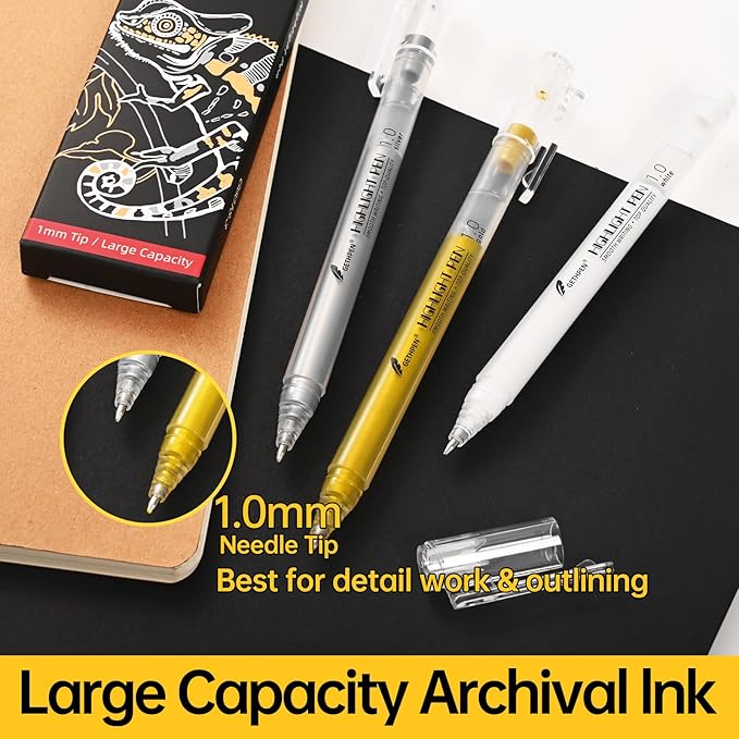 6 Colors Gel Pen Set - Gold, Silver & White Gel Ink Pens for Artists
